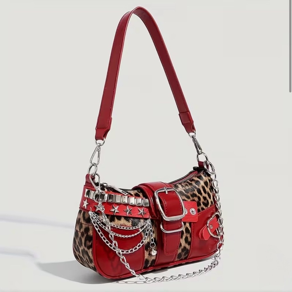 Y2K Leopard Print Shoulder Bag Red Studded Chain Punk Grunge Purse - NEW - Picture 2 of 9